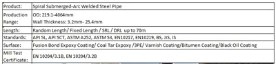 API5L, API5CT, ASTMA252, ASTM53, EN10217, EN10219, BS, JIS, ir spirālveida ie...